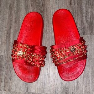 Womens Red Chain Slides